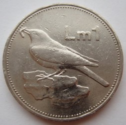 Монета Мальта 1 лира 1986 год - Синий каменный дрозд