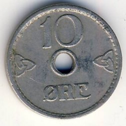 Норвегия 10 эре 1951 год - Король Хокон VII (с отверстием)