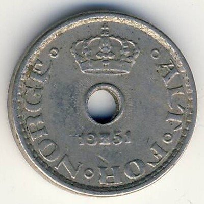 Норвегия 10 эре 1951 год - Король Хокон VII (с отверстием)