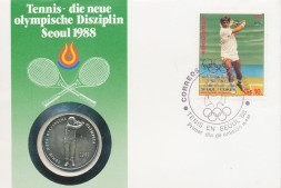 Монета Андорра 2 динера 1987 год - XXIV летние Олимпийские Игры, Сеул 1988. Теннис (в конверте с маркой)