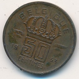Монета Бельгия 50 сентим 1953 год BELGIQUE
