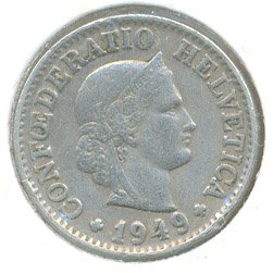 Швейцария 10 раппенов 1949 год