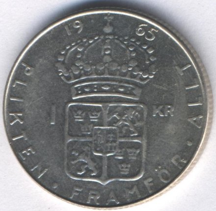 Швеция 1 крона 1965 год - Король Густав VI Адольф