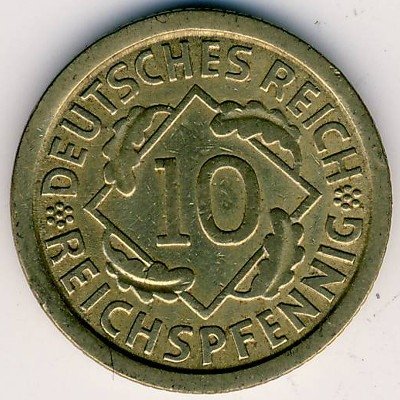 Веймарская республика 10 рейхспфеннигов 1925 год (F)