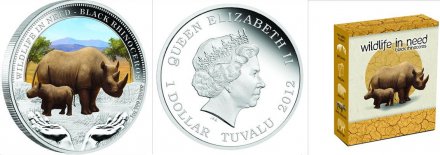 Тувалу 1 доллар 2012 год -  Исчезающие животные. Черный носорог