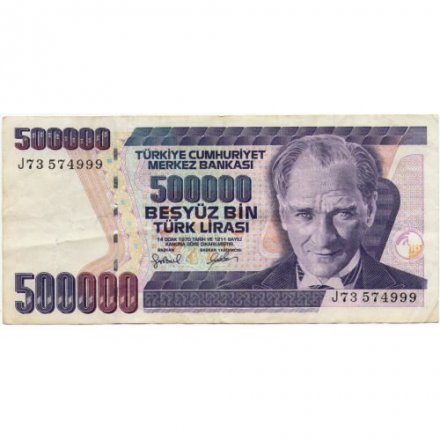 Турция 500000 лир 1998 год - Мустафа Кемаль Ататюрк. Монумент Мучеников Чанаккале - VF