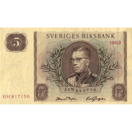 Швеция 5 крон 1963 год - Густав VI Адольф - XF
