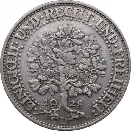Веймарская республика 5 рейхсмарок 1928 год (D)