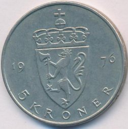 Норвегия 5 крон 1976 год - Король Улаф V