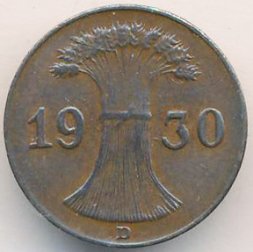 Веймарская республика 1 рейхспфенниг 1930 год (D)