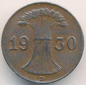 Веймарская республика 1 рейхспфенниг 1930 год (D)