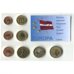 Набор из 8 пробных евромонет Латвия 2006 год (в блистере)