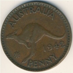 Монета Австралия 1 пенни 1942 год - Кенгуру (точка после "PENNY")