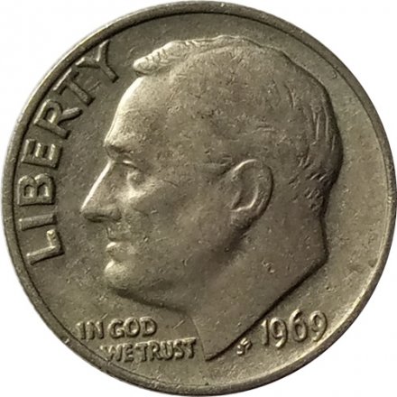 США 1 дайм (10 центов) 1969 год - Франклин Рузвельт (без отметки МД)
