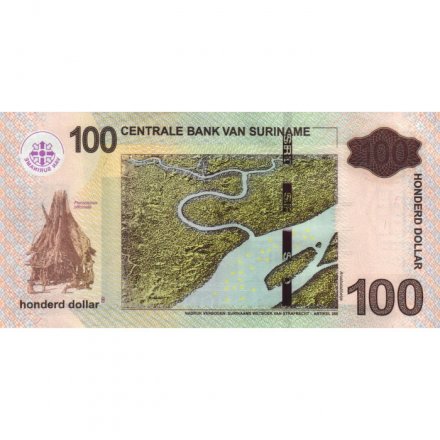 Суринам 100 долларов 2020 год - Здание Центрального банка. Река Маровейне - UNC