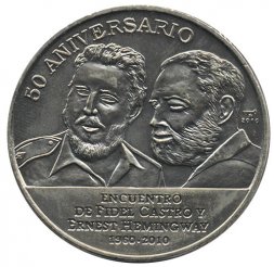 Куба 1 песо 2010 год - 50 лет встрече Фиделя Кастро и Эрнеста Хемингуэя (медь-никель)