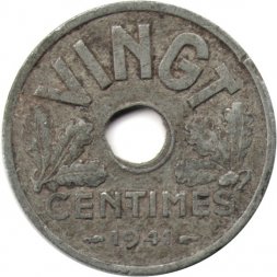Франция 20 сантимов 1941 год (номинал - "VINGT")