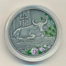 Ниуэ 1 доллар 2008 год - Китайский гороскоп. Год быка (зелень, лотосы)