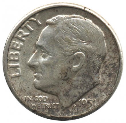США 1 дайм (10 центов) 1951 год - Франклин Рузвельт (без отметки МД)