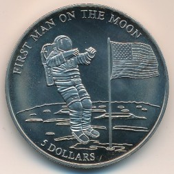 Монета Либерия 5 долларов 2000 год - Первый человек на Луне (сертификат)