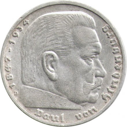 Третий Рейх 5 рейхсмарок 1938 год (D)