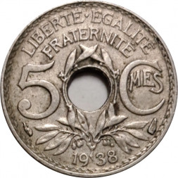 Франция 5 сантимов 1938 год (новый тип, без точек вокруг даты)