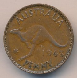 Австралия 1 пенни 1943 год - Король Георг VI. Кенгуру (точка после "PENNY")