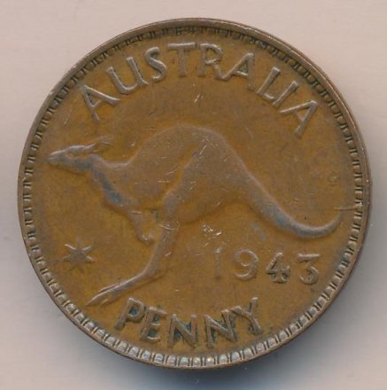 Австралия 1 пенни 1943 год - Король Георг VI. Кенгуру (точка после &quot;PENNY&quot;)