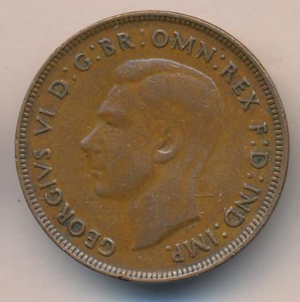 Австралия 1 пенни 1943 год - Король Георг VI. Кенгуру (точка после &quot;PENNY&quot;)
