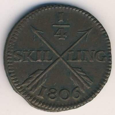 Швеция 1/4 скиллинга 1806 год