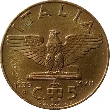 Италия 5 чентезимо 1939 год (Алюминиевая-Бронза)