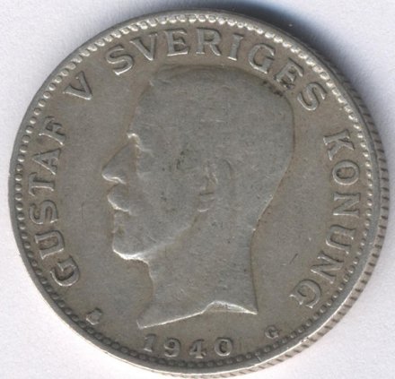 Швеция 1 крона 1940 год - Король Густав V