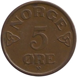 Монета Норвегия 5 эре 1952 год - Король Хокон VI (новый тип)
