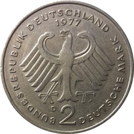 ФРГ 2 марки 1977 год - Конрад Аденауэр (D)