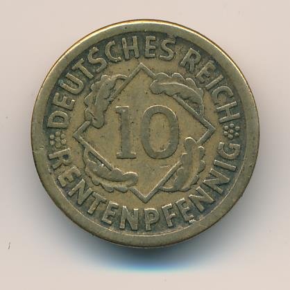 Веймарская республика 10 рентенпфеннигов 1924 год (D)