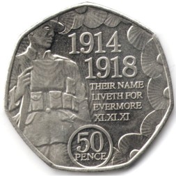 Остров Мэн 50 пенсов 2018 год - 100 лет окончанию Первой Мировой войны
