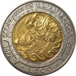 Сан-Марино 500 лир 1992 год - 500 лет открытию Америки