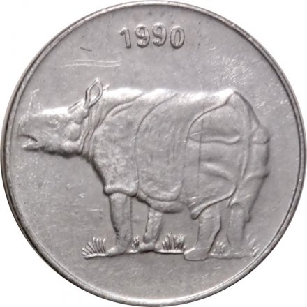 Индия 25 пайс 1990 год - Носорог, сталь (магнетик). Калькутта