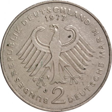 ФРГ 2 марки 1977 год (J) - Теодор Хойс, 20 лет Федеративной Республике (1949-1969)