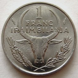 Мадагаскар 1 франк 1981 год - Зебу. Цветок