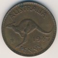 Австралия 1 пенни 1943 год - Король Георг VI. Кенгуру (без точки после &quot;PENNY&quot;)