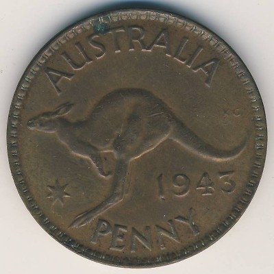 Австралия 1 пенни 1943 год - Король Георг VI. Кенгуру (без точки после &quot;PENNY&quot;)