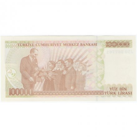 Турция 100000 лир 1997 год - Президент Кемаль Ататюрк. Дети преподносят цветы Ататюрку UNC