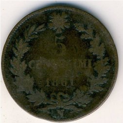 Италия 5 чентезимо 1861 год - Король Виктор Эммануил II (N)