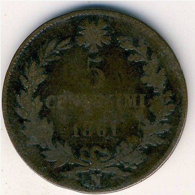 Италия 5 чентезимо 1861 год - Король Виктор Эммануил II (N)
