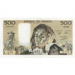 Франция 500 франков 1990 год - след от степлера - XF
