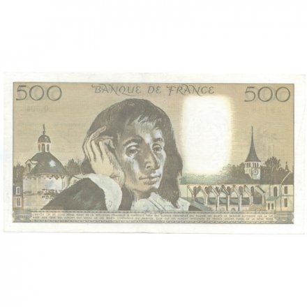 Франция 500 франков 1990 год - след от степлера - XF