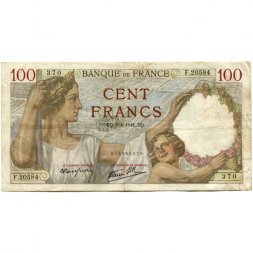 Франция 100 франков 1941 год - следы от степлера - F