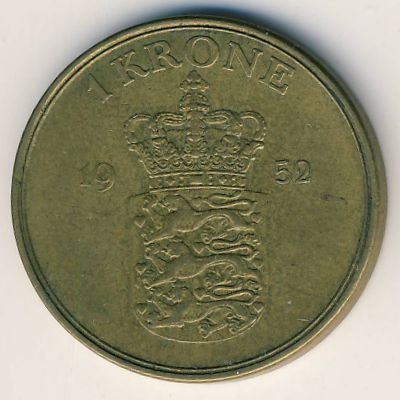 Дания 1 крона 1952 год - Король Фредерик IX