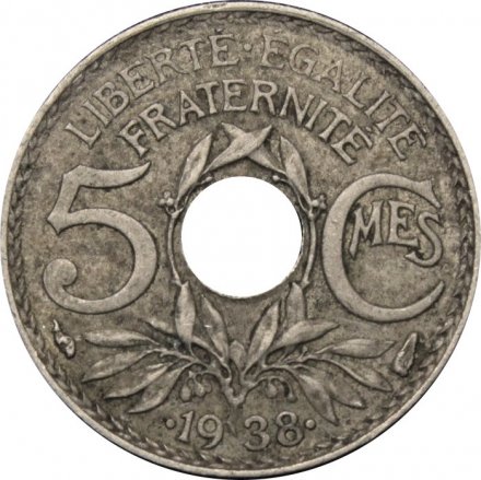 Франция 5 сантимов 1938 год (отметка монетного двора: &quot;Рог изобилия&quot;)
